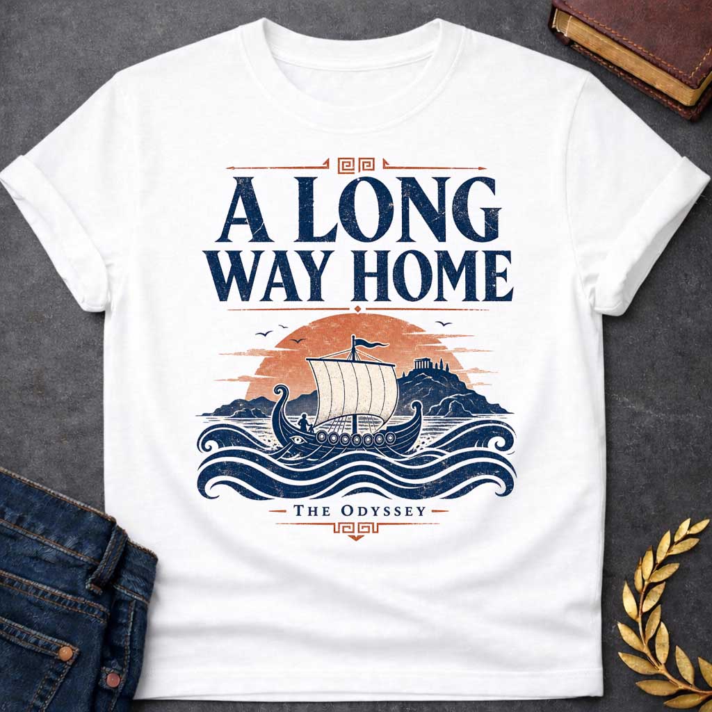 White t-shirt with a Vintage Greek mythology design inspired by The Odyssey, featuring an ancient Greek sailing ship crossing rolling blue waves toward a distant island and temple beneath a warm sunset. Bold distressed text reads "A Long Way Home" with "The Odyssey" below, capturing Odysseus' legendary journey back to Ithaca..
