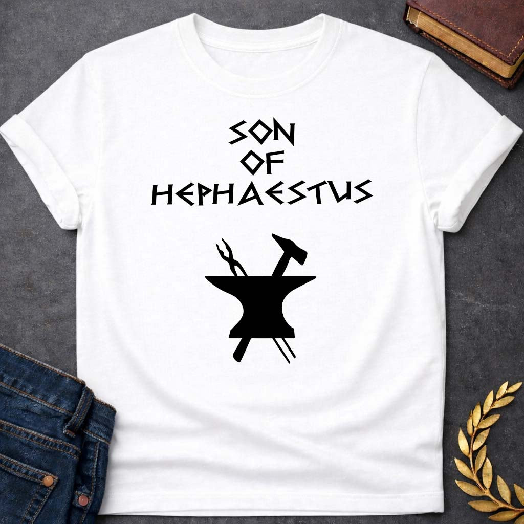 son of hephaestus greek mythology unisex softstyle adult t shirt featuring blacksmith hammer, forge sparks, fire god symbolism in industrial mythology design