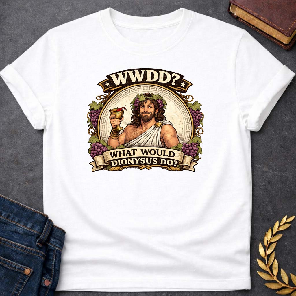 dionysus what would dionysus do greek mythology adult t shirt featuring detailed Greek mythology artwork, symbolic design, and bold graphic style