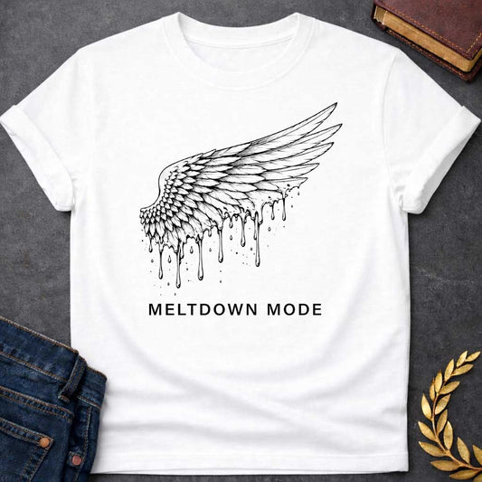 White t-shirt with a minimalist, detailed line-art design. A single feathered wing, inspired by the myth of Icarus, stretches upward as wax drippings and droplets melt away from its bottom edge. Centered beneath the illustration, bold black text reads "MELTDOWN MODE" in a clean, spaced-out sans-serif font.