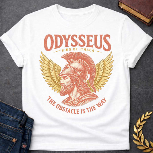 White t-shirt with a Vintage Odysseus Greek mythology design featuring the legendary King of Ithaca in profile wearing a classical crested helmet, framed by large golden wings. Distressed terracotta and gold artwork includes the text “Odysseus,” “King of Ithaca,” and “The Obstacle Is the Way,” inspired by The Odyssey and his legendary journey home.