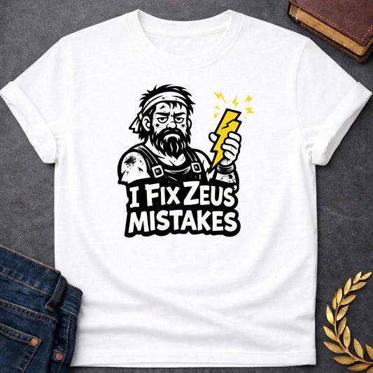 hephaestus i fix zeus mistakes greek mythology youth t shirt featuring lightning bolt, sky god power symbolism in bold Greek mythology design