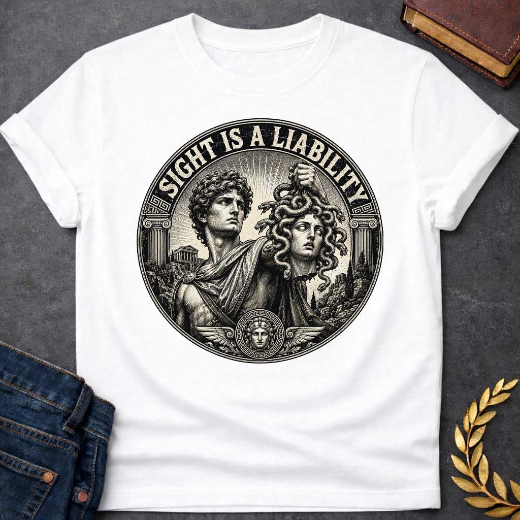 White t-shirt in etched engraving style: Perseus, curly-haired and draped in robes, holds Medusa's severed snake-haired head aloft against radiating sunburst rays. Ionic columns, ancient temples, and a small Medusa medallion with wings frame the circular black-and-cream design. Bold arched text reads the title above.