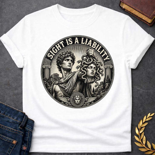 White t-shirt in etched engraving style: Perseus, curly-haired and draped in robes, holds Medusa's severed snake-haired head aloft against radiating sunburst rays. Ionic columns, ancient temples, and a small Medusa medallion with wings frame the circular black-and-cream design. Bold arched text reads the title above.