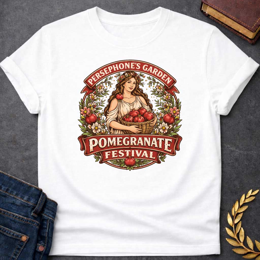 persephone garden greek mythology youth shirt featuring pomegranate, underworld queen symbolism in dark floral mythology design