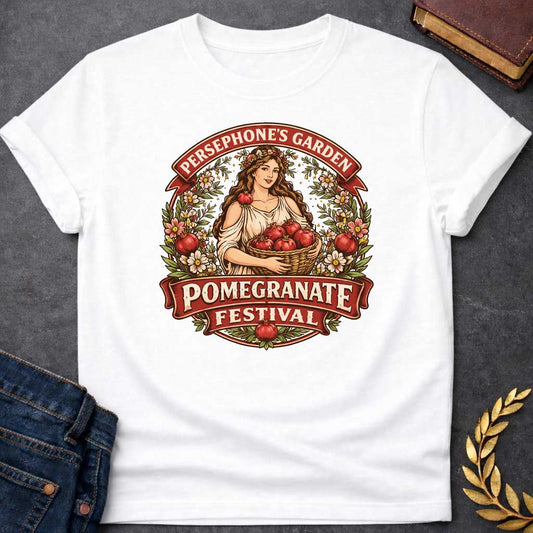 persephone garden greek mythology youth shirt featuring pomegranate, underworld queen symbolism in dark floral mythology design