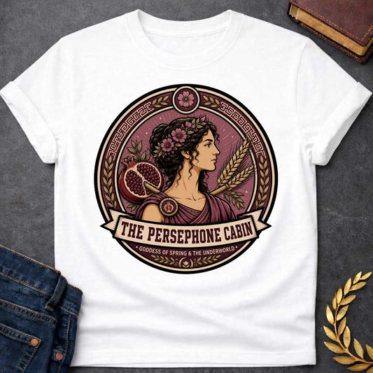 White t-shirt with a Persephone Greek mythology cabin design featuring the goddess of spring and the Underworld wearing a floral crown and purple robes, surrounded by blooming flowers, a split pomegranate, wheat stalks, laurel leaves, and Greek key patterns. Burgundy and cream circular emblem includes the text “The Persephone Cabin” and “Goddess of Spring & the Underworld,”