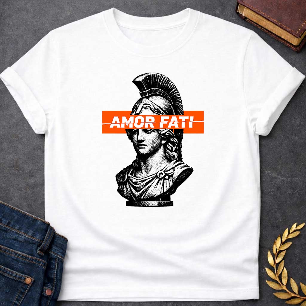 athena amor fati greek mythology adult t shirt featuring owl, laurel wreath, wisdom symbolism in vintage Greek mythology design