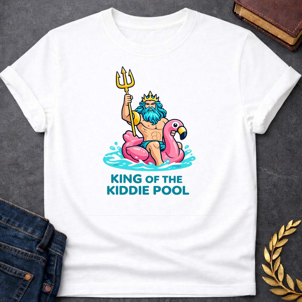 poseidon king of the kiddie pool greek mythology youth t shirt featuring trident, ocean waves, sea god symbolism in Greek mythology design