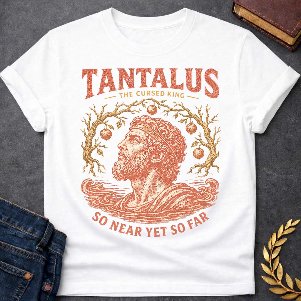 white t-shirt with a Vintage Tantalus Greek mythology design featuring the cursed king surrounded by unreachable fruit trees and rising water. Distressed terracotta and gold artwork includes the text “Tantalus,” “The Cursed King,” and “So Near Yet So Far,” representing his eternal punishment of endless hunger, thirst, and temptation.