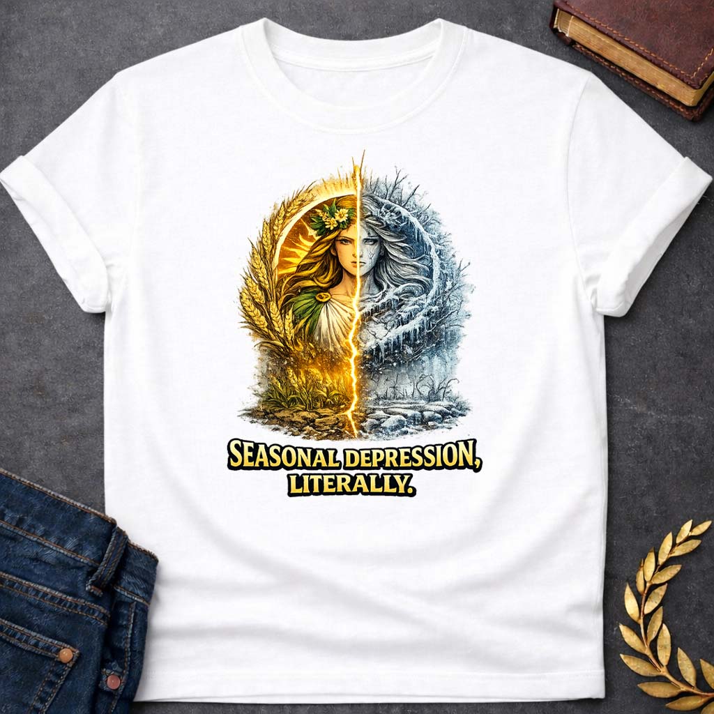 demeter seasonal depression greek mythology youth t shirt featuring detailed Greek mythology artwork, symbolic design, and bold graphic style