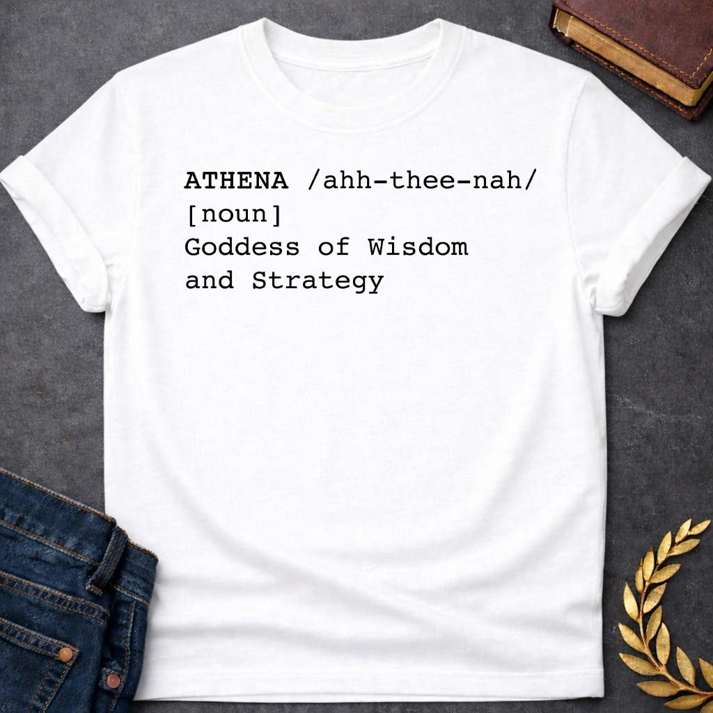 athena dictionary definition greek mythology youth heavy cotton™ tee featuring owl, laurel wreath, wisdom symbolism in vintage Greek mythology design
