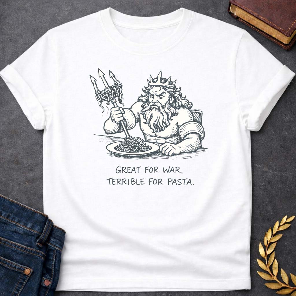 poseidon great for war terrible for pasta club greek mythology youth t shirt featuring trident, ocean waves, sea god symbolism in Greek mythology design
