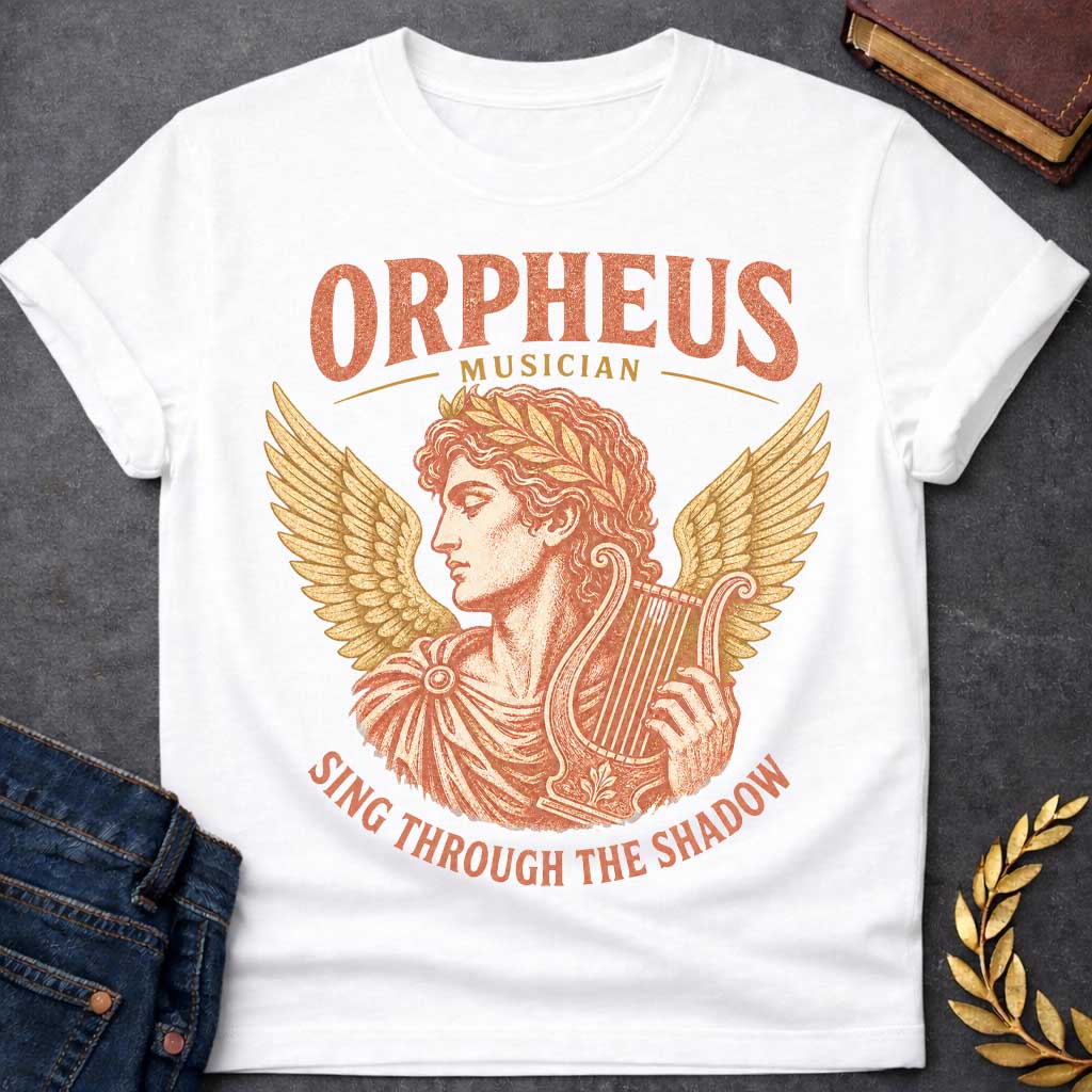 White t-shirt with a Vintage Orpheus Greek mythology  design featuring the legendary musician in profile wearing a laurel crown and holding a classical lyre, framed by golden wings. Distressed terracotta and gold artwork includes the text “Orpheus,” “Musician,” and “Sing Through the Shadow,” inspired by the tragic myth of Orpheus and Eurydice.