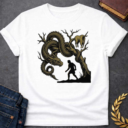 White T-shirt with A dramatic woodcut-style t-shirt design. In a high-contrast black and gold aesthetic, the black silhouette of a Greek warrior approaches a gnarled, leafless tree. Coiled tightly around the branches is a massive, detailed golden dragon with sharp scales, staring down closely at the hero. Hanging from a branch high in the tree is the golden fleece of a ram.

