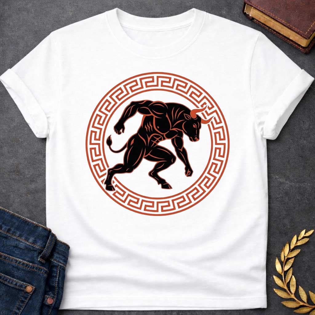 White T-shirt with A minimalist, athletic-style t-shirt graphic.  At the center is a highly muscular, black silhouette of a charging Minotaur with orange-red highlights and sharp horns. The dynamic creature is enclosed within a circular frame decorated with a classic terracotta-colored ancient Greek key (meander) pattern, creating a bold, timeless emblem design for apparel.
