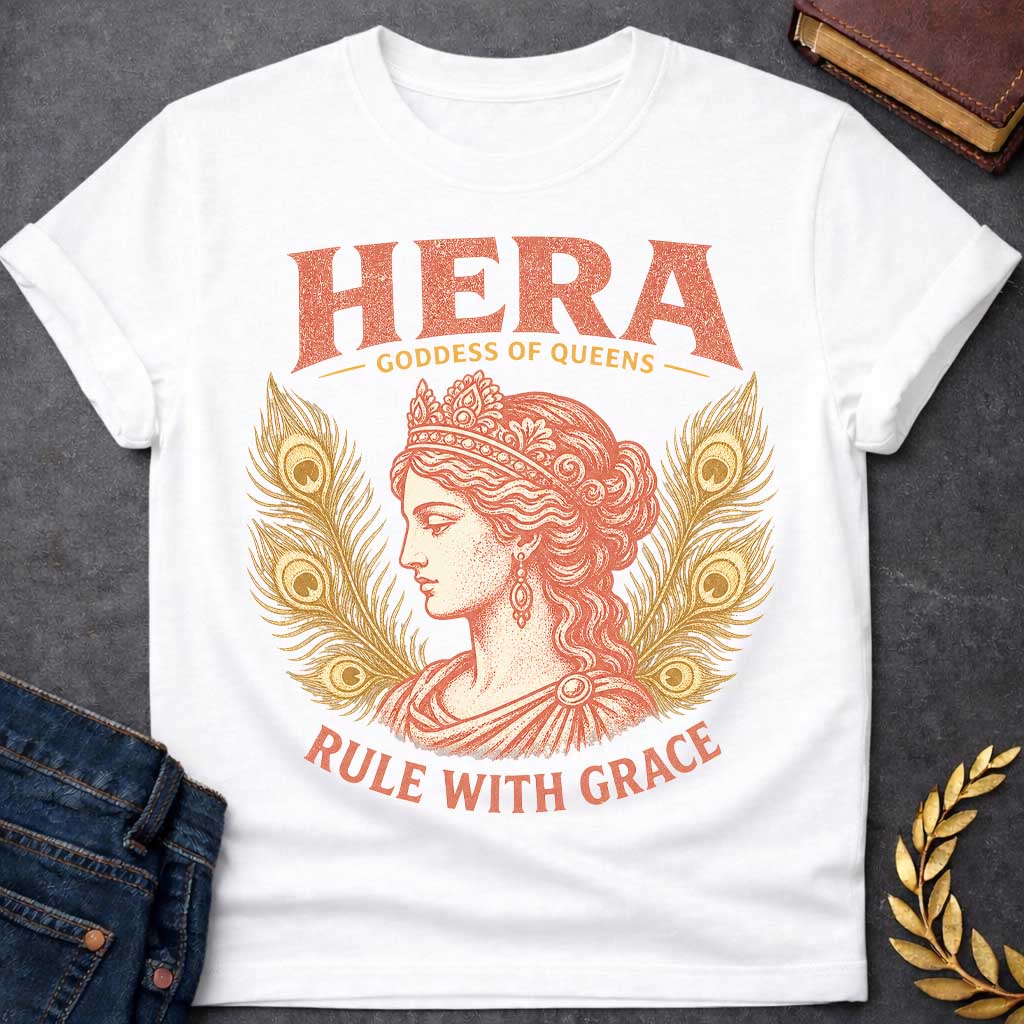 White t-shirt with a Vintage Hera Greek mythology design featuring the Goddess of Queens in profile wearing an ornate jeweled crown and elegant classical robes. Golden peacock feathers frame her portrait, symbolizing Hera’s sacred bird and royal status. Distressed coral and gold artwork includes the bold text “Hera Goddess of Queens” and “Rule With Grace.”