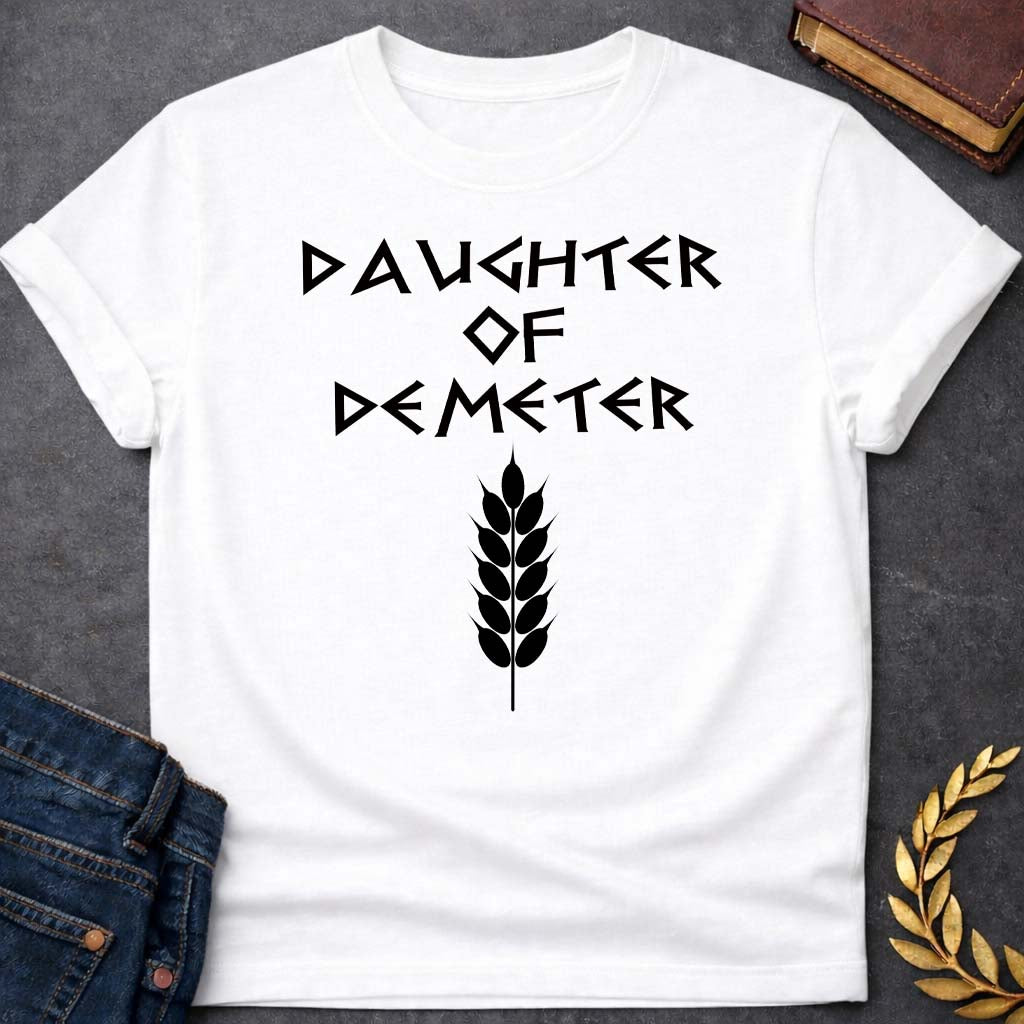 daughter of demeter unisex softstyle adult t shirt featuring detailed Greek mythology artwork, symbolic design, and bold graphic style