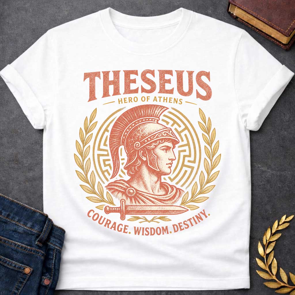 White t-shirt with a Vintage Theseus Greek mythology shirt design featuring the Hero of Athens in a crested warrior helmet, framed by a Greek labyrinth, golden laurel branches, and a sword. Distressed terracotta and gold artwork includes the text “Theseus,” “Hero of Athens,” and “Courage. Wisdom. Destiny.” inspired by the legendary hero of the Minotaur myth.