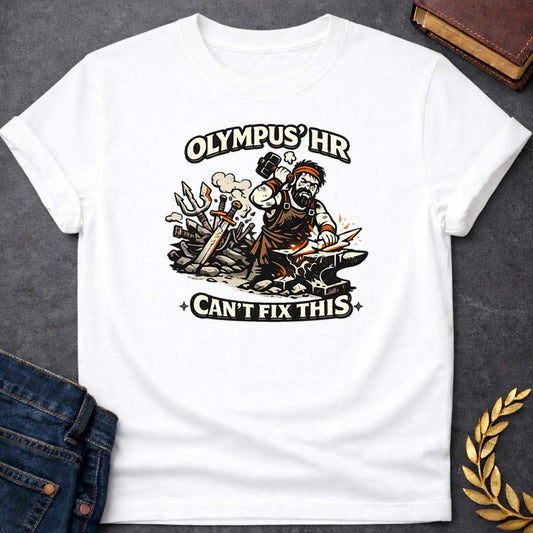 hephaestus olympus hr cant fix this greek mythology youth t shirt featuring blacksmith hammer, forge sparks, fire god symbolism in industrial mythology design