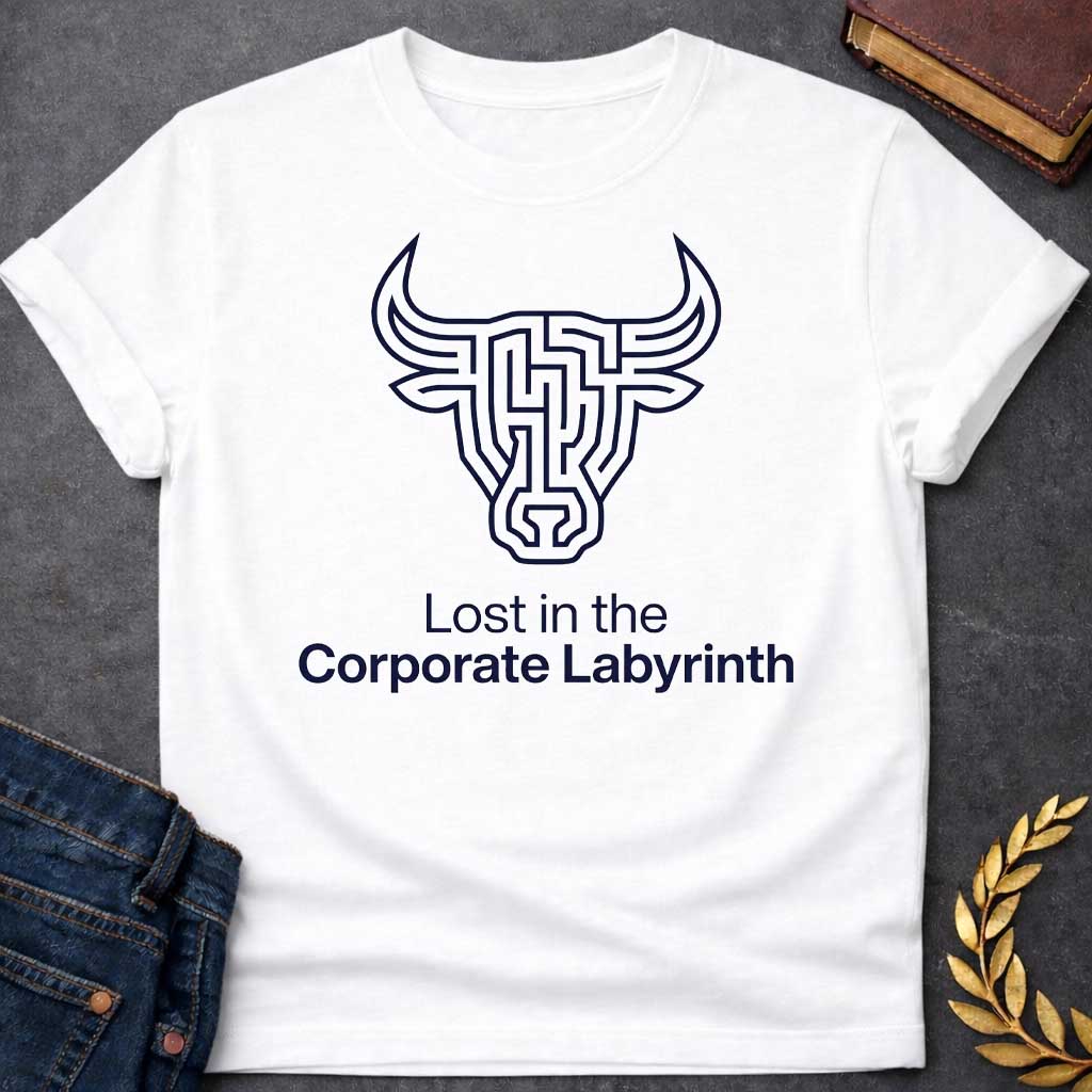 White T-shirt with a Minimalist line art illustration of a Minotaur head rendered entirely as a complex maze pattern in navy blue and white. The bull's horns and facial features form pathways and corridors. Text reads 'Lost in the Corporate Labyrinth' below. Clever wordplay merges Greek mythology with modern commentary on workplace frustration, bureaucratic confusion, and corporate system entrapment.