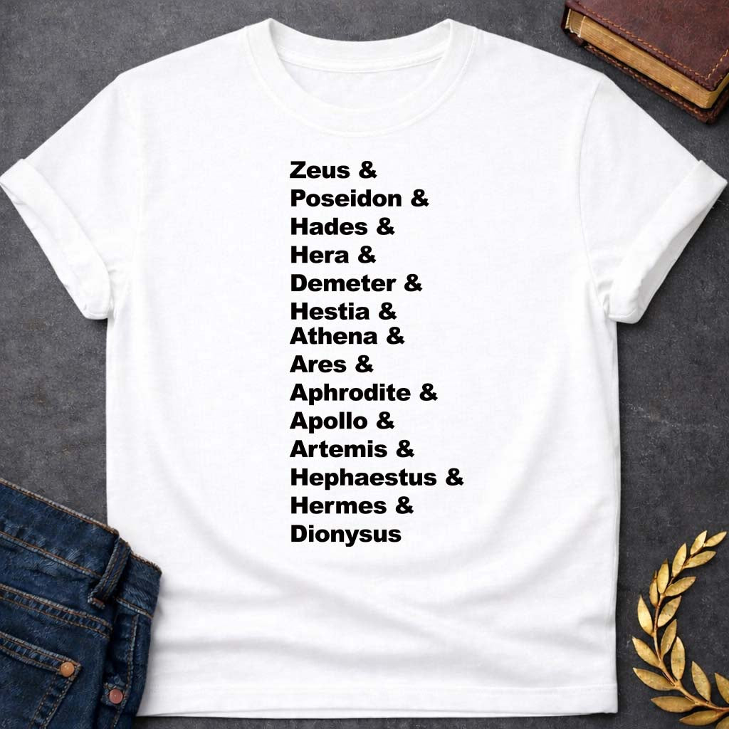 greek mythology god names unisex softstyle adult t shirt featuring detailed Greek mythology artwork, symbolic design, and bold graphic style