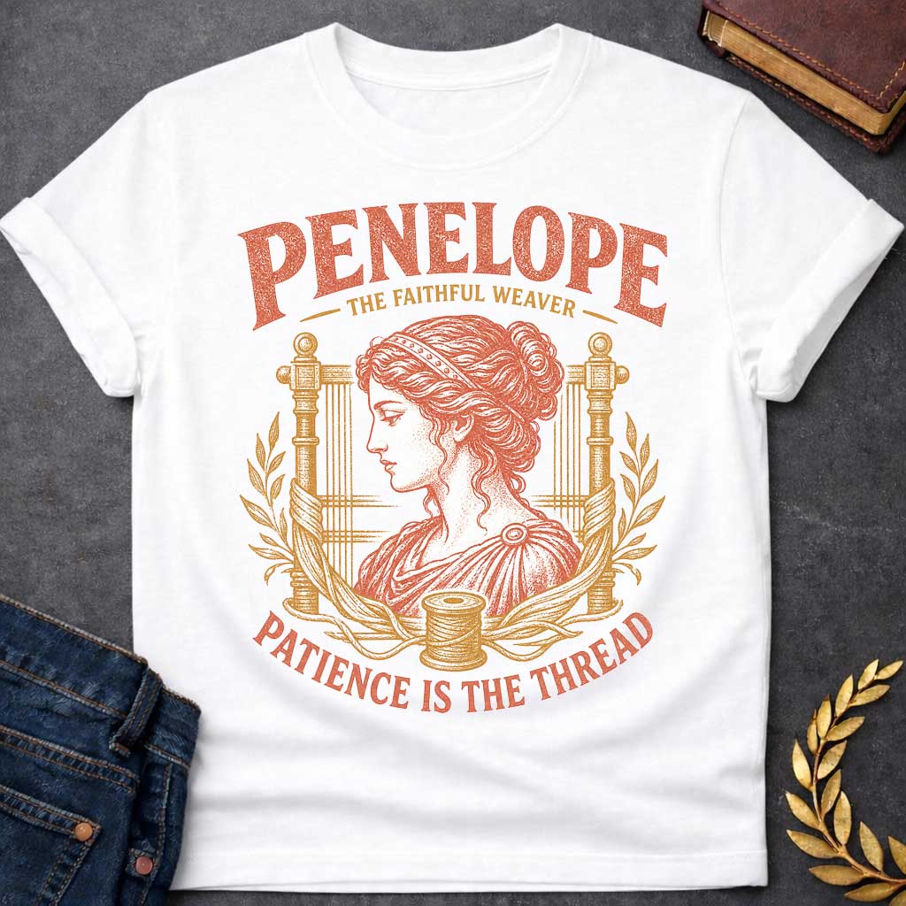 White t-shirt with a Vintage Penelope Greek mythology design featuring the faithful weaver in profile, framed by an ancient loom, laurel branches, flowing thread, and a spool. Distressed terracotta and gold artwork includes the text “Penelope,” “The Faithful Weaver,” and “Patience Is the Thread,” inspired by her loyalty and perseverance in The Odyssey.