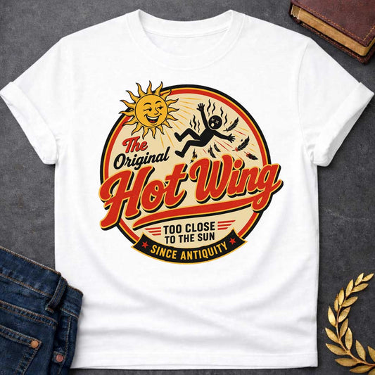 White t-shirt with a retro diner-style graphic. Inside a circular badge, a smiling sun character beams as a black stick-figure of Icarus falls with burning feathers. Bold red script text across the center reads "The Original Hot Wing", flanked by additional text reading "TOO CLOSE TO THE SUN" and a bottom banner that reads "SINCE ANTIQUITY" in a vintage food-brand aesthetic.