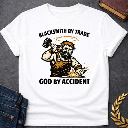 hephaestus blacksmith by trade god by accident greek mythology youth t shirt 1 featuring blacksmith hammer, forge sparks, fire god symbolism in industrial mythology design