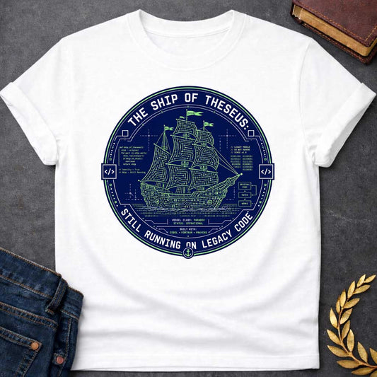 White T-shirt with A Techno-philosophical badge featuring the mythological Ship of Theseus rendered as a circuit board schematic in neon green and navy blue. Classical sailing vessel integrated with computer code, binary, and technical diagrams. Text reads 'The Ship of Theseus Still Running on Legacy Code.' Code snippets reference the philosophical paradox. Bottom states 'Built with: COBOL, FORTRAN, Prayers.' Clever design merges ancient Greek philosophy with software engineering humor and technical debt co