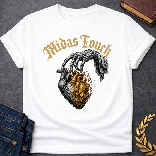 White t-shirt with A Vintage engraving-style Greek mythology design featuring a skeletal hand with the Midas touch transforming half of an anatomical heart into shimmering gold crystals. Above the illustration, gothic lettering reads "Midas Touch." Inspired by the tragic King Midas myth, the design symbolizes how greed and the pursuit of wealth can harden the heart, using bold black and metallic gold artwork.