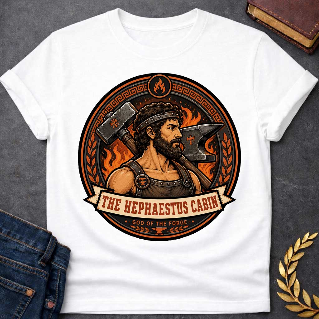 White t-shirt with a Hephaestus Greek mythology cabin design featuring the bearded god of the forge carrying a large hammer, with an anvil and blazing flames behind him. Bold orange, black, and bronze circular emblem includes Greek key and laurel details with the text “The Hephaestus Cabin” and “God of the Forge,”