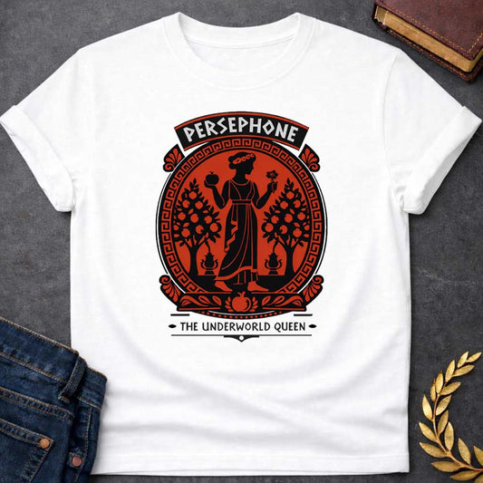 persephone the underworld queen greek mythology youth shirt featuring pomegranate, underworld queen symbolism in dark floral mythology design