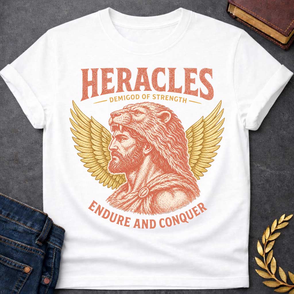 White t-shirt with a Vintage Heracles Greek mythology design featuring the legendary demigod of strength in profile wearing the Nemean lion skin, framed by detailed golden wings. Distressed coral and gold artwork creates an antique classical look with bold text reading “Heracles Demigod of Strength” and “Endure and Conquer.”
