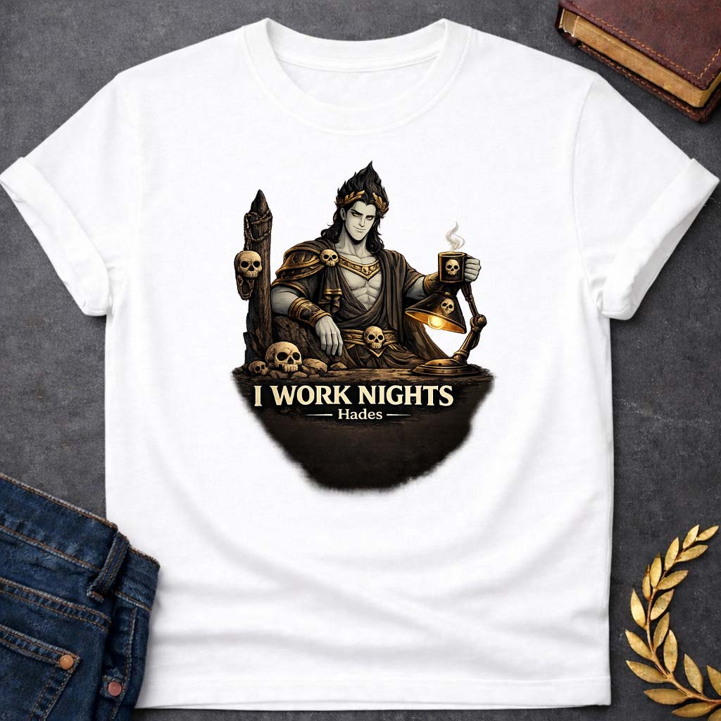 hades i work nights greek mythology adult t shirt featuring underworld king, skull motifs, dark Greek mythology design
