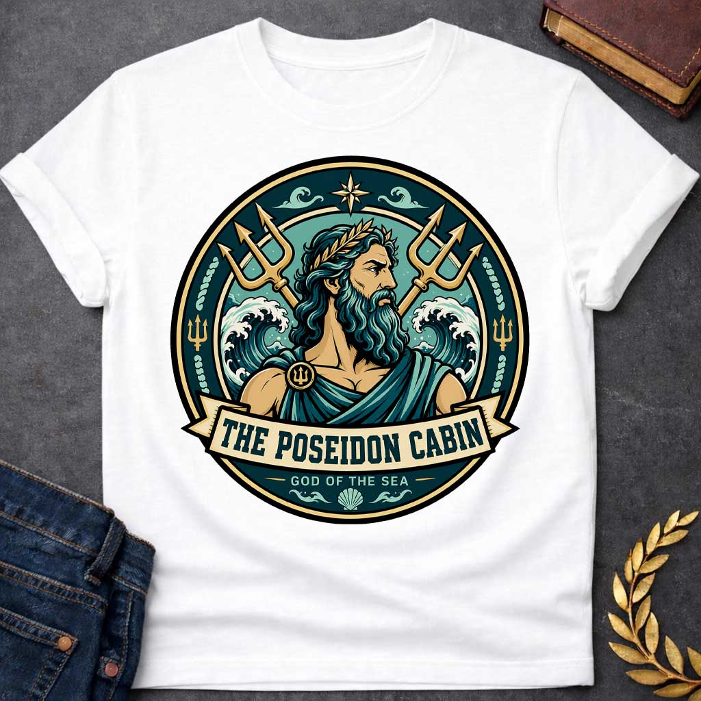 White t-shirt with a Poseidon Greek mythology cabin design featuring the bearded god of the sea with a golden laurel crown, crossed tridents, crashing ocean waves, and nautical symbols. Teal, aqua, gold, and black circular camp-style emblem includes the text “The Poseidon Cabin” and “God of the Sea.”