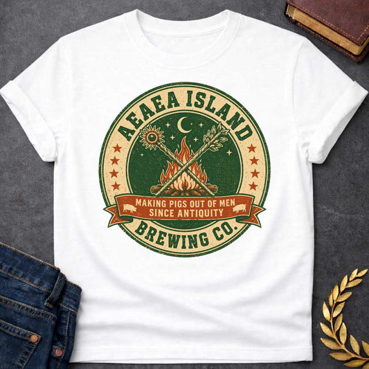 White T-shirt with a Humorous brewery emblem of Aeaea Island Brewing Co. in green and cream vintage style. A roaring campfire with crossed torches dominates the center beneath a sun, moon, and stars. Brown banner reads 'Making Pigs Out of Men Since Antiquity' flanked by small pig silhouettes. Red stars border the circular design. Distressed texture adds authentic craft brewery aesthetic. Celebrates Circe's mythological powers of transformation and enchantment with modern craft beer culture.