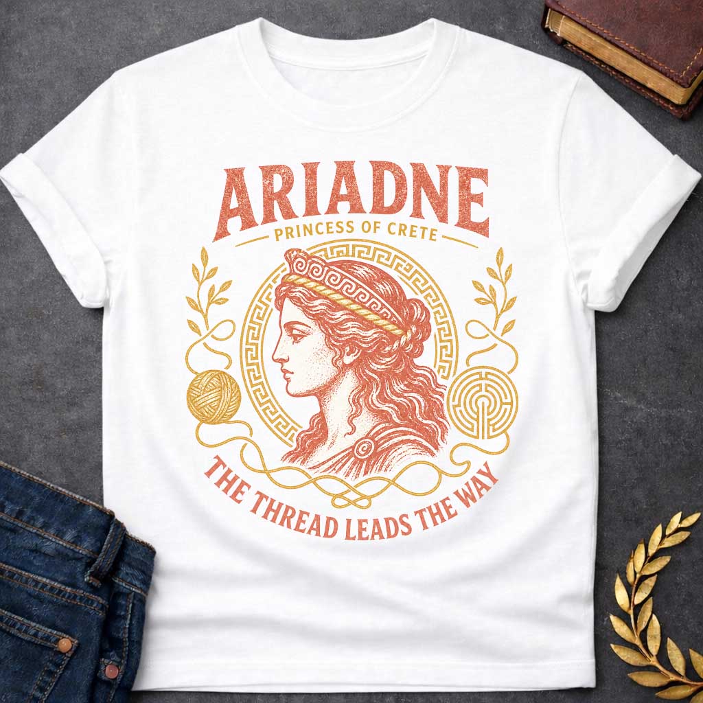White t-shirt with a Vintage Greek mythology design featuring Ariadne, Princess of Crete, in a classical portrait framed by a Greek key border, golden thread, yarn, laurel branches, and a labyrinth. Warm coral and gold engraving-style artwork is paired with the phrase "The Thread Leads the Way," inspired by Ariadne's role in helping Theseus escape the Minotaur's labyrinth.