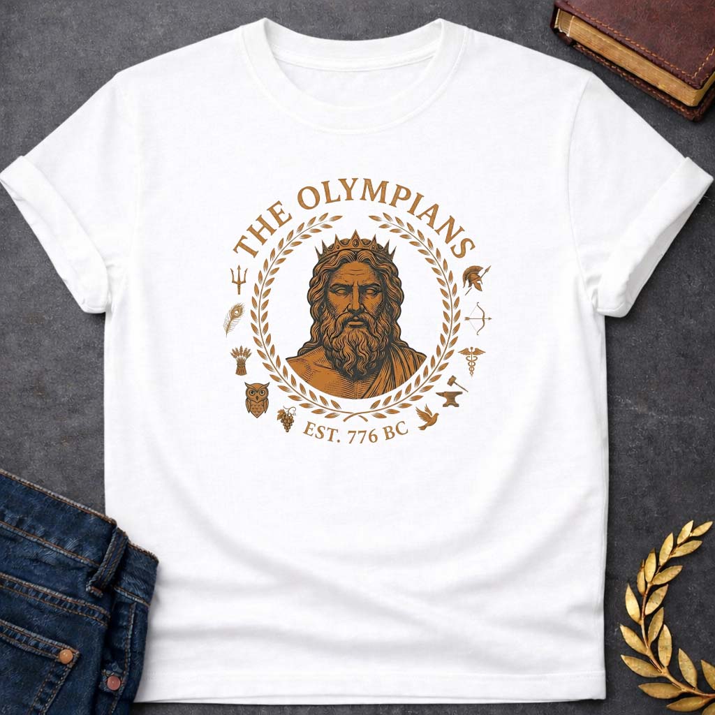 the olympians greek mythology adult t shirt featuring detailed Greek mythology artwork, symbolic design, and bold graphic style