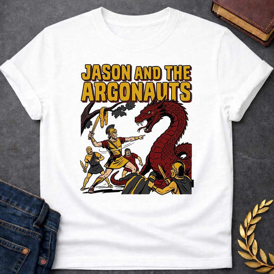 White T-shirt with A retro comic book style t-shirt design.  Bold yellow pop-art text at the top reads "JASON AND THE ARGONAUTS". Below, a Greek warrior in armor raises a sword near the Golden Fleece hanging from a tree branch, pointing toward a giant, snarling red dragon. Three fellow Argonauts surround the beast with swords drawn, featuring classic comic ben-day dot shading and thick black outlines