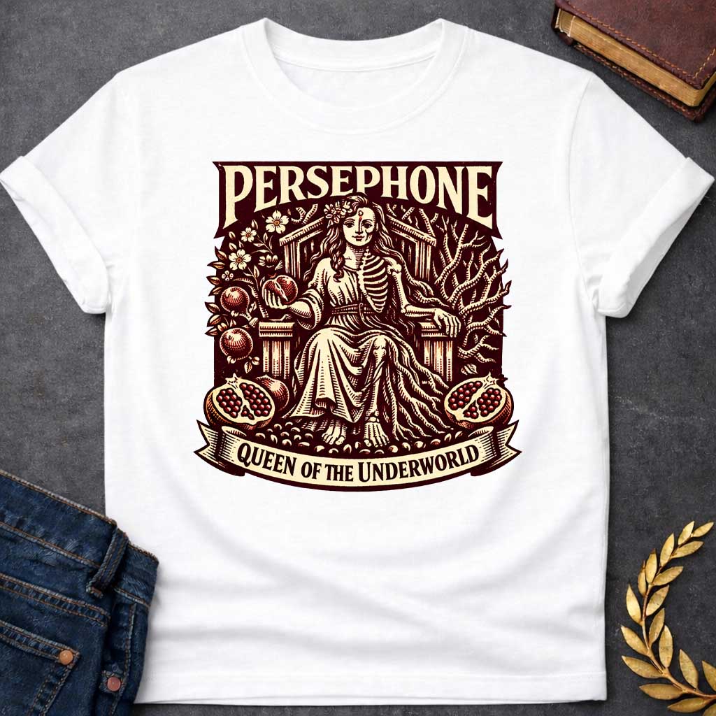 persephone pomegranate greek mythology youth shirt featuring pomegranate, underworld queen symbolism in dark floral mythology design