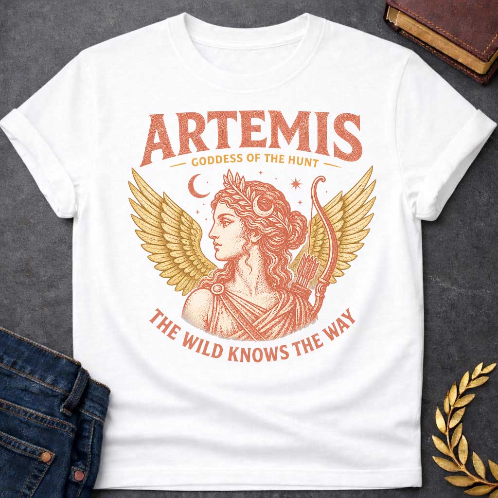 White t-shirt with a Vintage Greek mythology design featuring Artemis, goddess of the hunt, with a crescent moon, stars, bow and arrows, and golden wings. Warm coral and gold engraving-style artwork frames her classical portrait. Bold text reads "Artemis – Goddess of the Hunt" and "The Wild Knows the Way," celebrating the Olympian goddess of nature and the hunt.