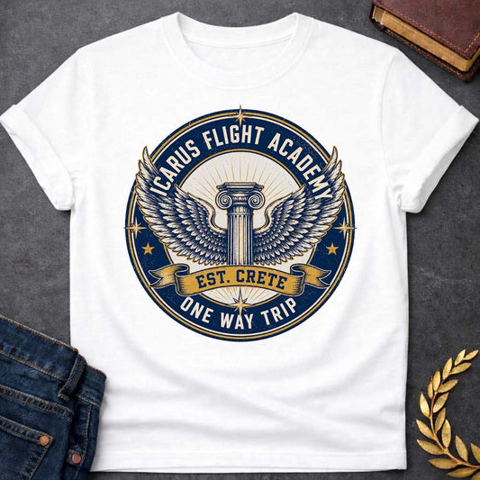 White t-shirt A circular, distressed vintage emblem design. At the center of a cream circle, a classic Greek Ionic column sprouts a large pair of detailed, spreading wings. A dark blue outer ring features the text "ICARUS FLIGHT ACADEMY" at the top and "ONE WAY TRIP" at the bottom. A golden banner across the center reads "EST. CRETE," adding a dark humor twist to the mythological flight.