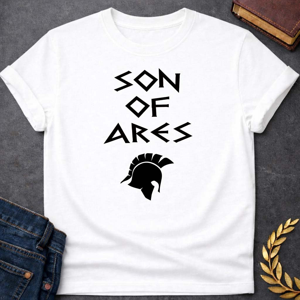 son of ares greek mythology unisex softstyle adult t shirt featuring warrior armor, battle symbolism, god of war Greek mythology design