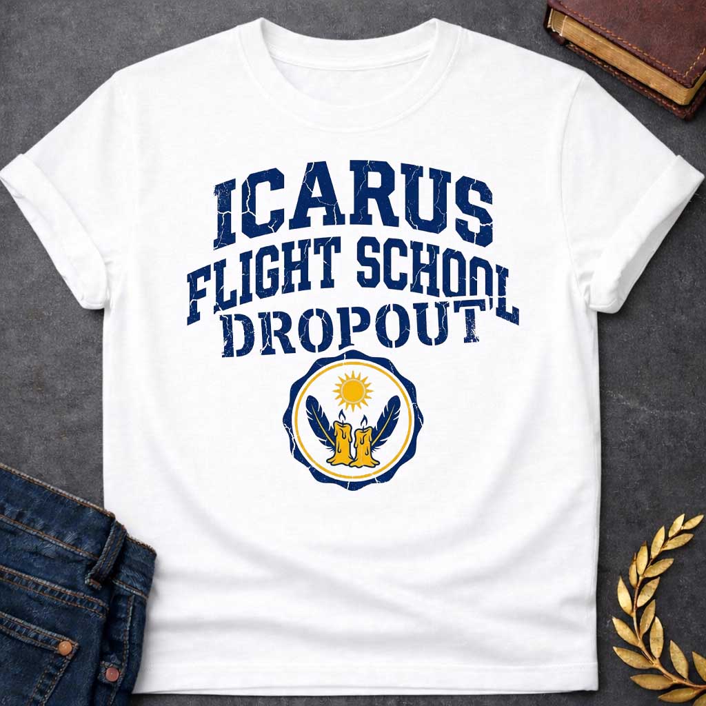 White in distressed collegiate style: bold navy blue arched text with a cracked, weathered texture above a circular emblem featuring two melting wax candles with wings and a blazing sun, gold and navy on a white badge.
