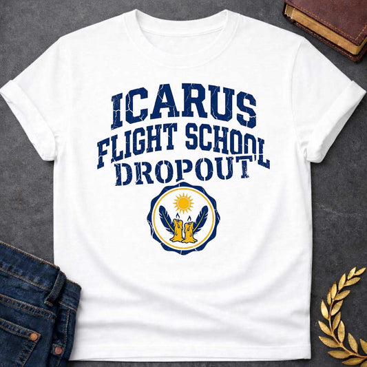 White in distressed collegiate style: bold navy blue arched text with a cracked, weathered texture above a circular emblem featuring two melting wax candles with wings and a blazing sun, gold and navy on a white badge.