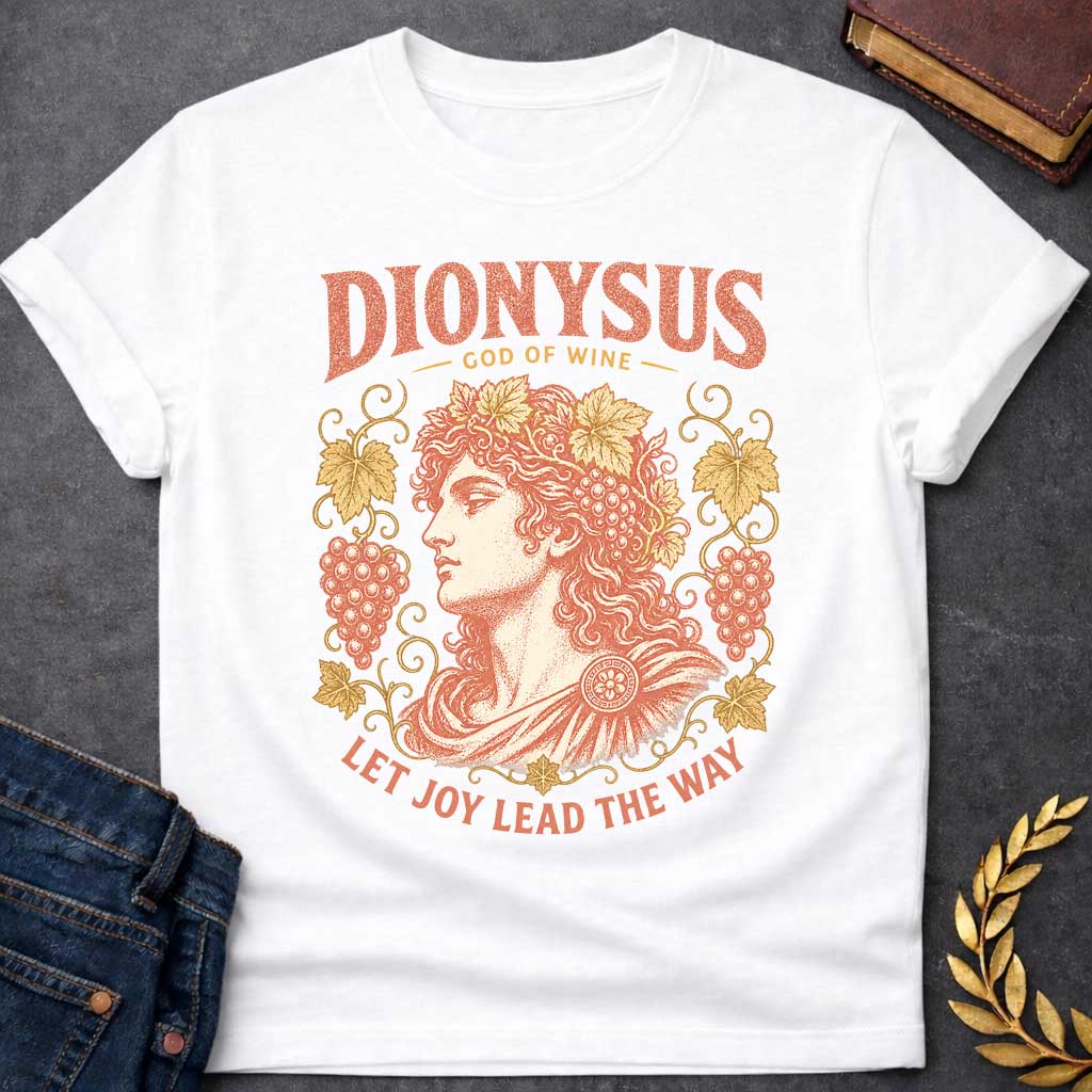 White t-shirt with a Vintage Greek mythology design featuring Dionysus, god of wine, wearing a crown of grape leaves and fruit. Ornate grapevines frame the classical portrait in distressed coral and gold, with the text “Dionysus God of Wine” and “Let Joy Lead the Way,” celebrating wine, revelry, and joy.
