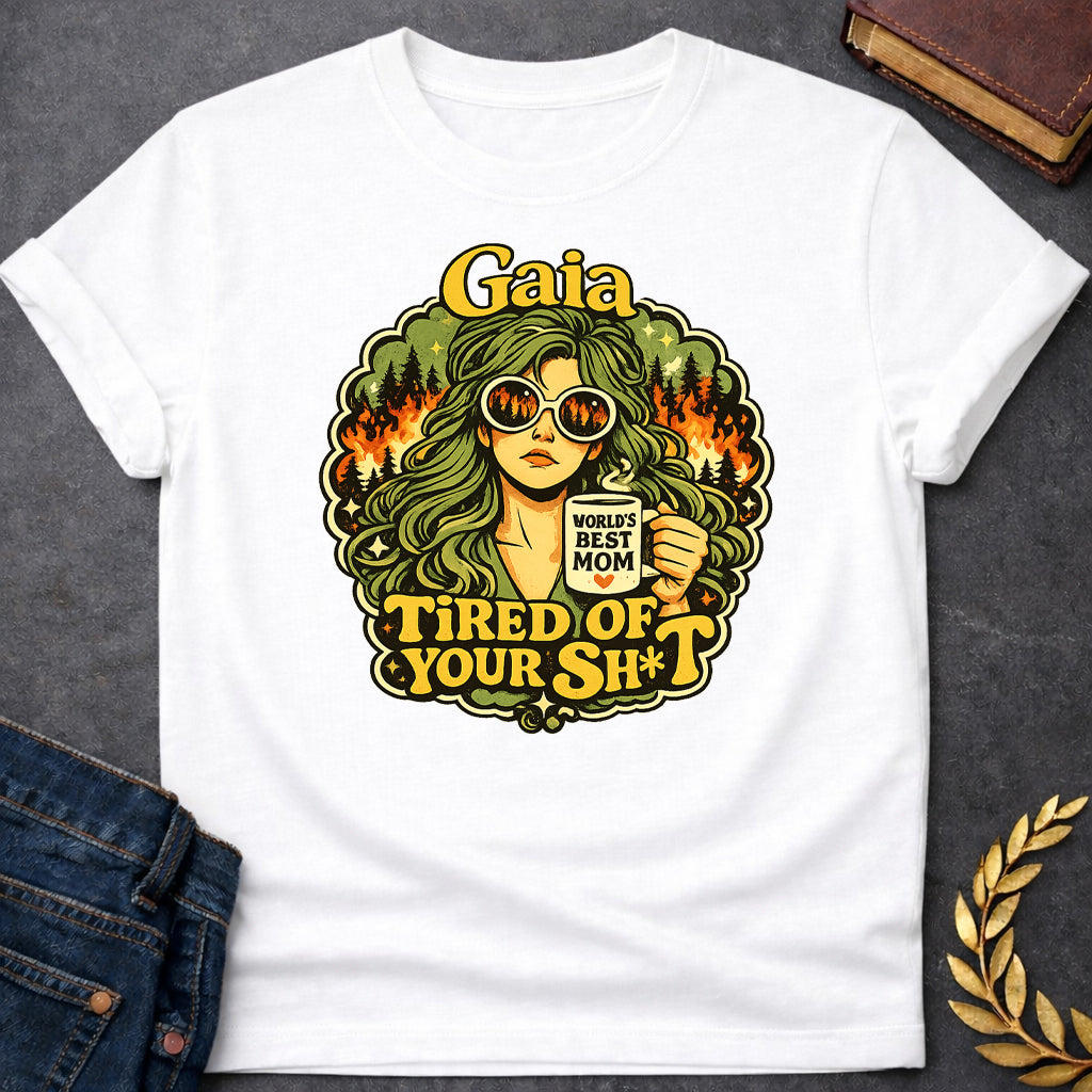 gaia tired of your sh t mythology adult shirt featuring detailed Greek mythology artwork, symbolic design, and bold graphic style