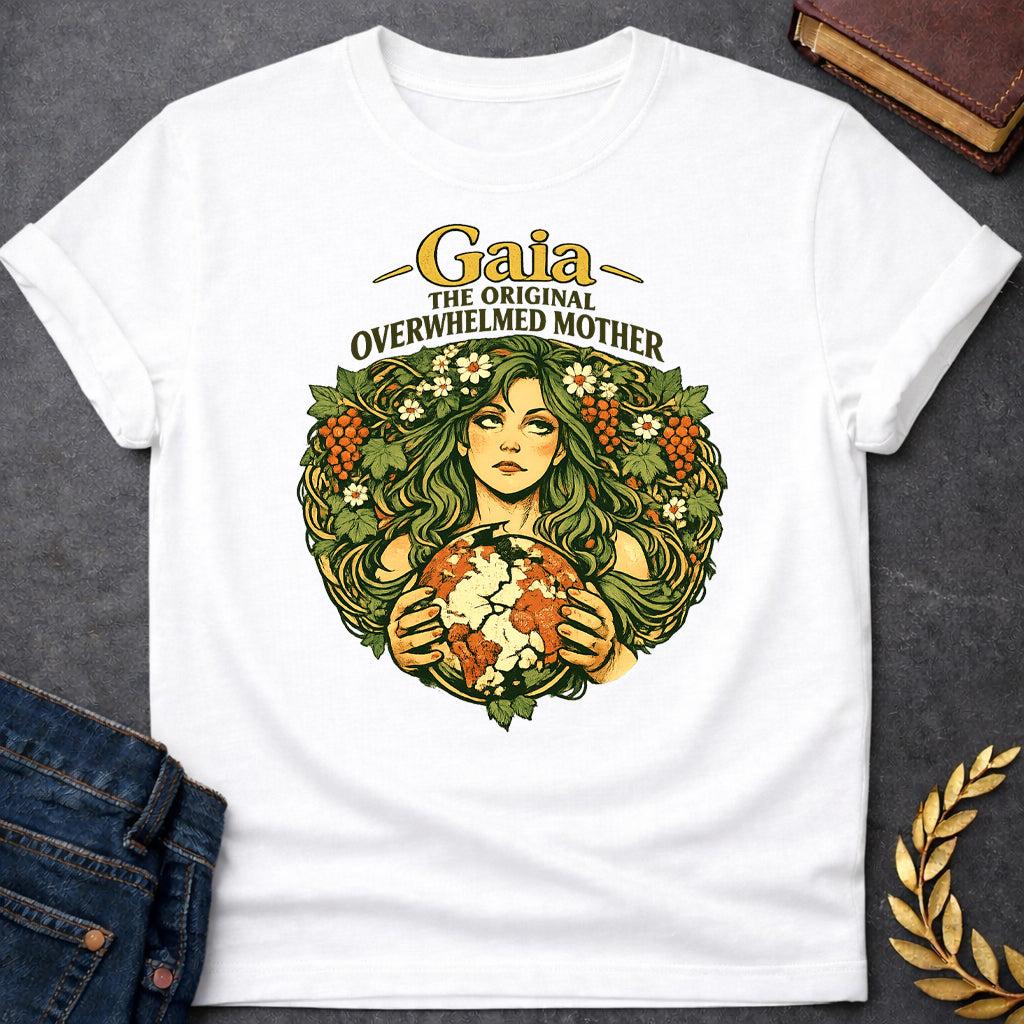 gaia overwhelmed mother greek mythology adult shirt featuring detailed Greek mythology artwork, symbolic design, and bold graphic style