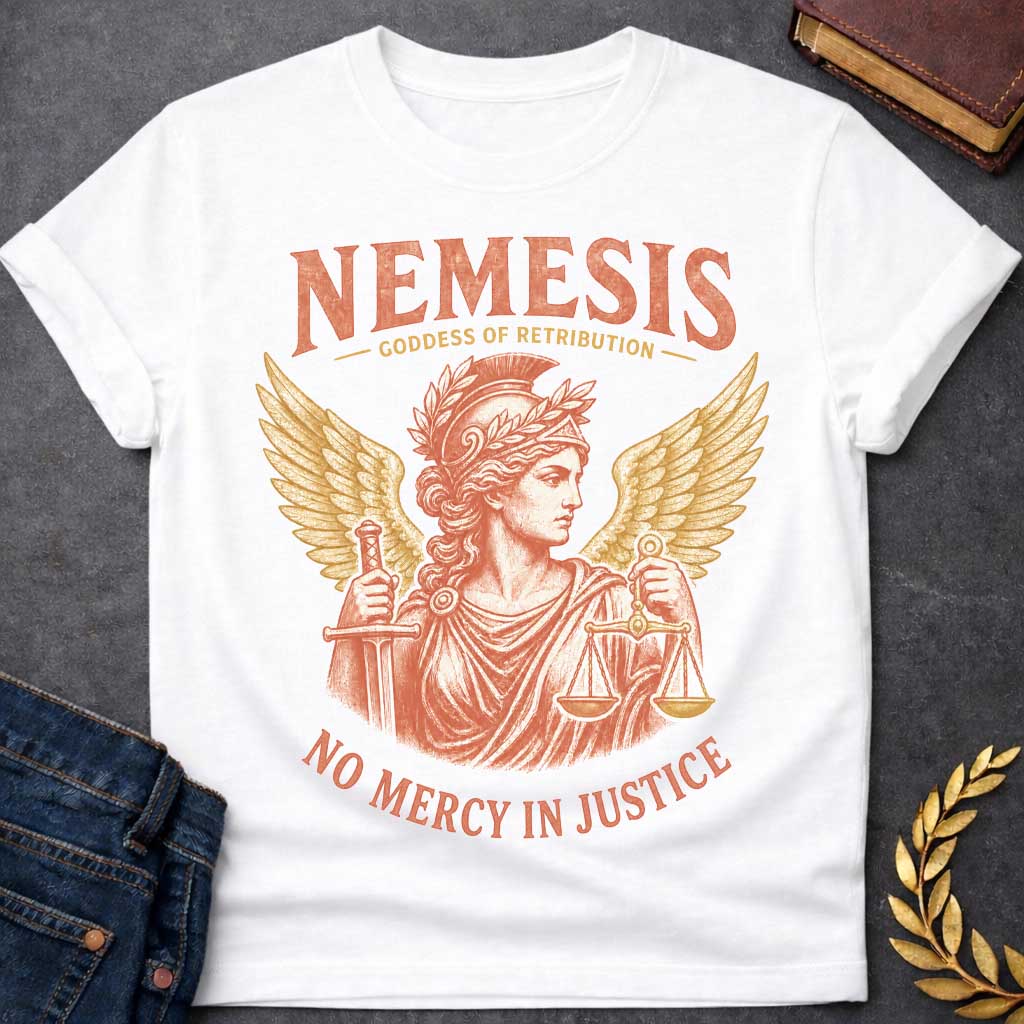 White t-shirt with a Vintage Nemesis Greek mythology design featuring the goddess of retribution in a classical helmet and laurel crown, holding a sword and scales of justice. Large golden wings frame the distressed terracotta portrait. Text reads “Nemesis,” “Goddess of Retribution,” and “No Mercy in Justice.”